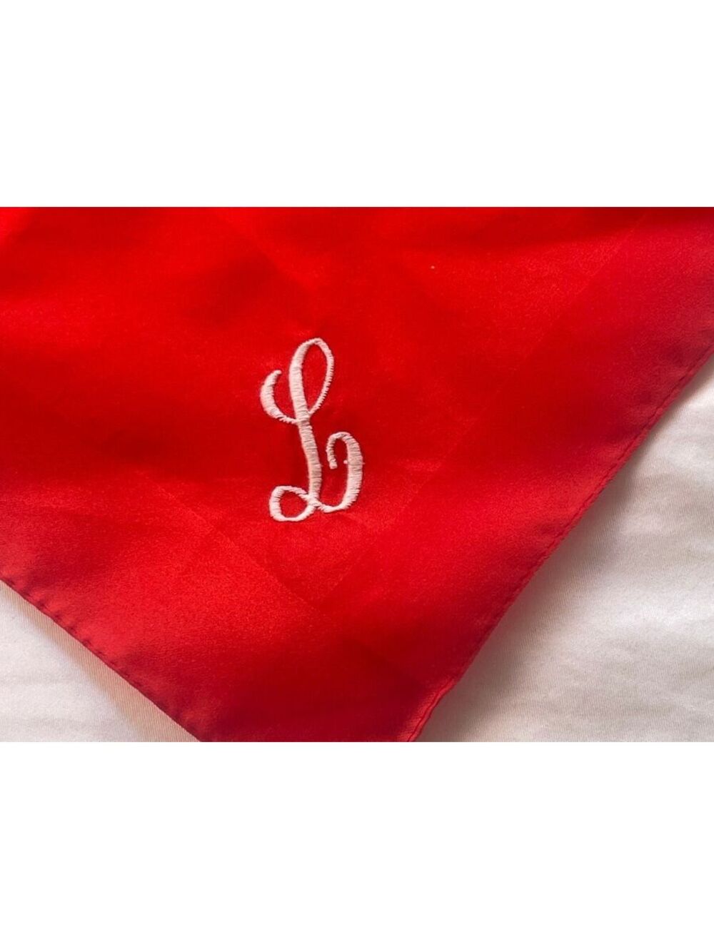 1970s Boselli Red Polyester Square Scarf with White Monogram L- Made in Italy